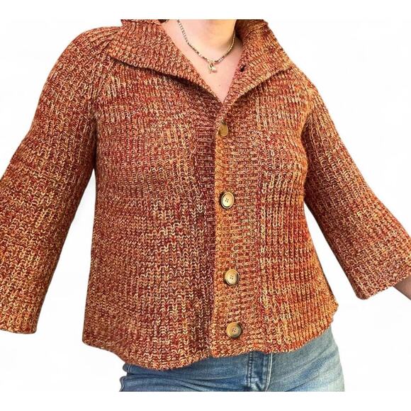 Y2K Tiara Chunky Knit Cardigan Size M 3/4 Sleeve Mock Neck Raglan Sleeve Boho - Picture 1 of 8